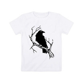 Детская футболка хлопок с принтом Ворон в Петрозаводске, 100% хлопок | круглый вырез горловины, полуприлегающий силуэт, длина до линии бедер | ветка | ворон | дерево | птица | сук