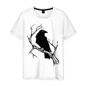 Мужская футболка хлопок с принтом Ворон в Петрозаводске, 100% хлопок | прямой крой, круглый вырез горловины, длина до линии бедер, слегка спущенное плечо. | ветка | ворон | дерево | птица | сук