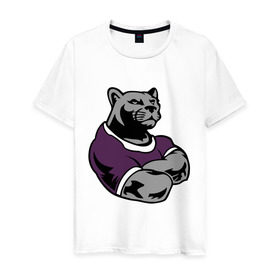 Мужская футболка хлопок с принтом Сильная пантера в Петрозаводске, 100% хлопок | прямой крой, круглый вырез горловины, длина до линии бедер, слегка спущенное плечо. | качок | мощь | пантера | сила