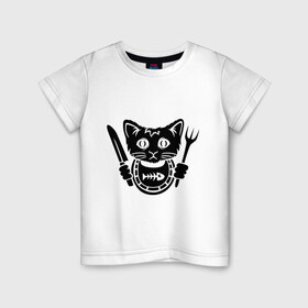 Детская футболка хлопок с принтом Кот хочет кушать в Петрозаводске, 100% хлопок | круглый вырез горловины, полуприлегающий силуэт, длина до линии бедер | Тематика изображения на принте: вилка | голод | голодный | кот | котенок | кошка | нож | салфетка