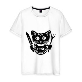 Мужская футболка хлопок с принтом Кот хочет кушать в Петрозаводске, 100% хлопок | прямой крой, круглый вырез горловины, длина до линии бедер, слегка спущенное плечо. | вилка | голод | голодный | кот | котенок | кошка | нож | салфетка