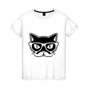 Женская футболка хлопок с принтом Учёный кот в Петрозаводске, 100% хлопок | прямой крой, круглый вырез горловины, длина до линии бедер, слегка спущенное плечо | голова | кот | очки | усы | ученый | хипстер