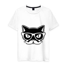 Мужская футболка хлопок с принтом Учёный кот в Петрозаводске, 100% хлопок | прямой крой, круглый вырез горловины, длина до линии бедер, слегка спущенное плечо. | Тематика изображения на принте: голова | кот | очки | усы | ученый | хипстер