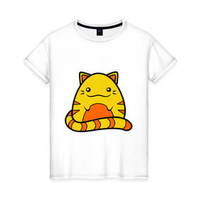 Женская футболка хлопок с принтом Довольный котик в Петрозаводске, 100% хлопок | прямой крой, круглый вырез горловины, длина до линии бедер, слегка спущенное плечо | довольный | кот | котенок | кошка | круглый | милый | яйцо