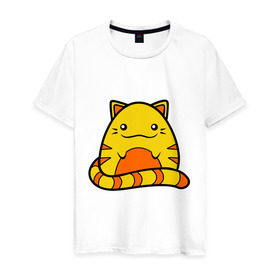 Мужская футболка хлопок с принтом Довольный котик в Петрозаводске, 100% хлопок | прямой крой, круглый вырез горловины, длина до линии бедер, слегка спущенное плечо. | довольный | кот | котенок | кошка | круглый | милый | яйцо