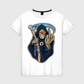 Женская футболка хлопок с принтом Смерть с косой в Петрозаводске, 100% хлопок | прямой крой, круглый вырез горловины, длина до линии бедер, слегка спущенное плечо | скелет