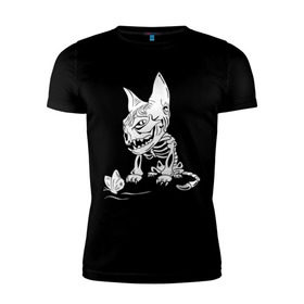 Мужская футболка премиум с принтом Скелет кота в Петрозаводске, 92% хлопок, 8% лайкра | приталенный силуэт, круглый вырез ворота, длина до линии бедра, короткий рукав | Тематика изображения на принте: бабочка | скелет