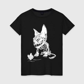 Женская футболка хлопок с принтом Скелет кота в Петрозаводске, 100% хлопок | прямой крой, круглый вырез горловины, длина до линии бедер, слегка спущенное плечо | бабочка | скелет