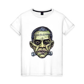 Женская футболка хлопок с принтом Зомби Обама в Петрозаводске, 100% хлопок | прямой крой, круглый вырез горловины, длина до линии бедер, слегка спущенное плечо | halloween | helloween | день всех святых | обама. президент | праздники | приколы | темные | тыквы | хэллоуин