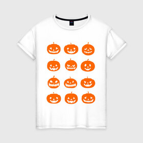 Женская футболка хлопок с принтом Тыквы в Петрозаводске, 100% хлопок | прямой крой, круглый вырез горловины, длина до линии бедер, слегка спущенное плечо | halloween | helloween | день всех святых | праздники | темные | тыквы | хэллоуин