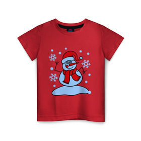 Детская футболка хлопок с принтом Забавный снеговик в Петрозаводске, 100% хлопок | круглый вырез горловины, полуприлегающий силуэт, длина до линии бедер | забавный | милый | новый год | снег | снеговик | шапка