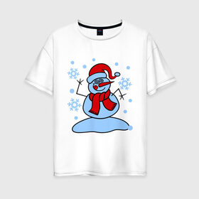 Женская футболка хлопок Oversize с принтом Забавный снеговик в Петрозаводске, 100% хлопок | свободный крой, круглый ворот, спущенный рукав, длина до линии бедер
 | забавный | милый | новый год | снег | снеговик | шапка