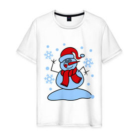 Мужская футболка хлопок с принтом Забавный снеговик в Петрозаводске, 100% хлопок | прямой крой, круглый вырез горловины, длина до линии бедер, слегка спущенное плечо. | забавный | милый | новый год | снег | снеговик | шапка