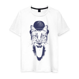 Мужская футболка хлопок с принтом Стильный кот в Петрозаводске, 100% хлопок | прямой крой, круглый вырез горловины, длина до линии бедер, слегка спущенное плечо. | джентльмен | киса | кот | котелок | кошка | манишка | стиль | фрак