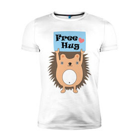 Мужская футболка премиум с принтом Ежик бесплатные обнимашки в Петрозаводске, 92% хлопок, 8% лайкра | приталенный силуэт, круглый вырез ворота, длина до линии бедра, короткий рукав | free hugs | бесплатно | еж | обнимашки