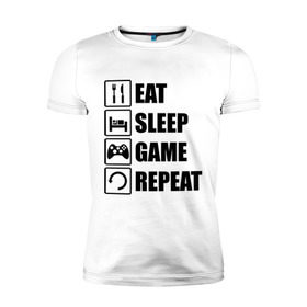 Мужская футболка премиум с принтом Repeat в Петрозаводске, 92% хлопок, 8% лайкра | приталенный силуэт, круглый вырез ворота, длина до линии бедра, короткий рукав | eat | game | repeat | sleep | еда | знаки | игры | перезагрузка | сон