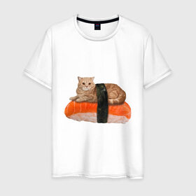 Мужская футболка хлопок с принтом Котосуши в Петрозаводске, 100% хлопок | прямой крой, круглый вырез горловины, длина до линии бедер, слегка спущенное плечо. | киса | кот | котосуши | рис | суши еда