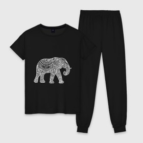 Женская пижама хлопок с принтом Слон в Петрозаводске, 100% хлопок | брюки и футболка прямого кроя, без карманов, на брюках мягкая резинка на поясе и по низу штанин | слон