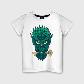 Детская футболка хлопок с принтом Сова с ключом в Петрозаводске, 100% хлопок | круглый вырез горловины, полуприлегающий силуэт, длина до линии бедер | сова