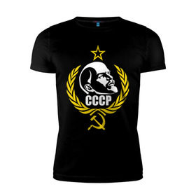 Мужская футболка премиум с принтом СССР в Петрозаводске, 92% хлопок, 8% лайкра | приталенный силуэт, круглый вырез ворота, длина до линии бедра, короткий рукав | ussr | ленин | молот | серп | совок | ссср