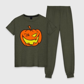 Женская пижама хлопок с принтом Подмигивающая тыква в Петрозаводске, 100% хлопок | брюки и футболка прямого кроя, без карманов, на брюках мягкая резинка на поясе и по низу штанин | halloween | тыква | хэллоуин