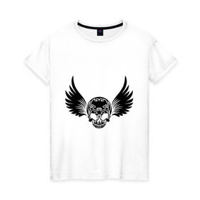 Женская футболка хлопок с принтом Узорчатый череп с крылышками в Петрозаводске, 100% хлопок | прямой крой, круглый вырез горловины, длина до линии бедер, слегка спущенное плечо | крылья | скелет