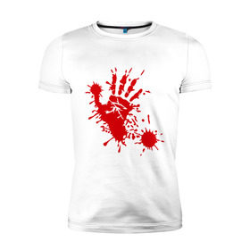 Мужская футболка премиум с принтом Кровавый отпечаток руки в Петрозаводске, 92% хлопок, 8% лайкра | приталенный силуэт, круглый вырез ворота, длина до линии бедра, короткий рукав | кровь | отпечаток | пятно | рука | след