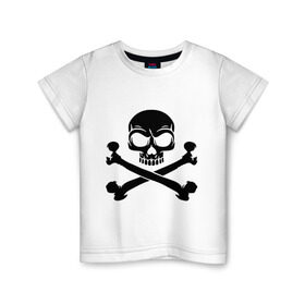 Детская футболка хлопок с принтом Череп и перекрещенные кости в Петрозаводске, 100% хлопок | круглый вырез горловины, полуприлегающий силуэт, длина до линии бедер | Тематика изображения на принте: скелет