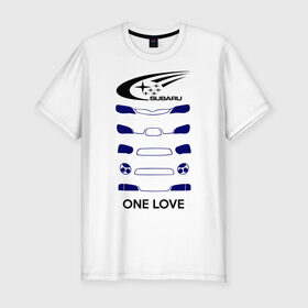 Мужская футболка премиум с принтом One love subaru в Петрозаводске, 92% хлопок, 8% лайкра | приталенный силуэт, круглый вырез ворота, длина до линии бедра, короткий рукав | logo | one love | sti | subaru | авто | лого | субарик | субару