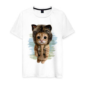 Мужская футболка хлопок с принтом Милый котик в Петрозаводске, 100% хлопок | прямой крой, круглый вырез горловины, длина до линии бедер, слегка спущенное плечо. | cat | киса | котик | кошка | милаха | милый котик | шапка
