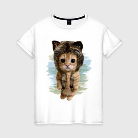 Женская футболка хлопок с принтом Милый котик в Петрозаводске, 100% хлопок | прямой крой, круглый вырез горловины, длина до линии бедер, слегка спущенное плечо | cat | киса | котик | кошка | милаха | милый котик | шапка