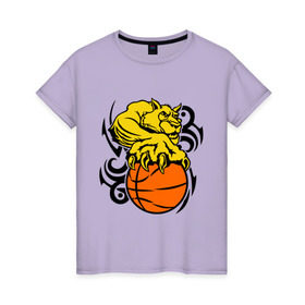 Женская футболка хлопок с принтом Тигр с мячом в Петрозаводске, 100% хлопок | прямой крой, круглый вырез горловины, длина до линии бедер, слегка спущенное плечо | basketball | баскетбол | мяч | пантера | тигр