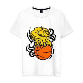 Мужская футболка хлопок с принтом Тигр с мячом в Петрозаводске, 100% хлопок | прямой крой, круглый вырез горловины, длина до линии бедер, слегка спущенное плечо. | basketball | баскетбол | мяч | пантера | тигр