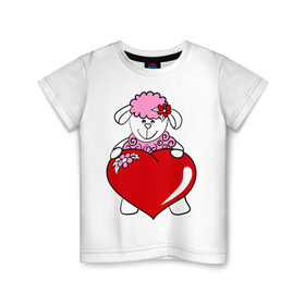 Детская футболка хлопок с принтом Барашек с сердцем в Петрозаводске, 100% хлопок | круглый вырез горловины, полуприлегающий силуэт, длина до линии бедер | Тематика изображения на принте: 2015 | баран | барашек | коза | козочка | новый год | овечка | овца | рождество | сердце | цветок