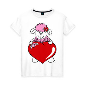 Женская футболка хлопок с принтом Барашек с сердцем в Петрозаводске, 100% хлопок | прямой крой, круглый вырез горловины, длина до линии бедер, слегка спущенное плечо | 2015 | баран | барашек | коза | козочка | новый год | овечка | овца | рождество | сердце | цветок