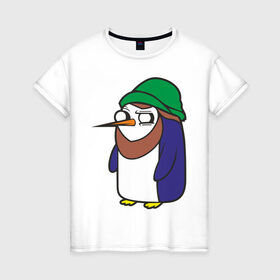 Женская футболка хлопок с принтом Пингвин в шапке в Петрозаводске, 100% хлопок | прямой крой, круглый вырез горловины, длина до линии бедер, слегка спущенное плечо | борода | пингвин