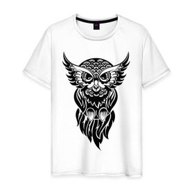 Мужская футболка хлопок с принтом Мудрая сова в Петрозаводске, 100% хлопок | прямой крой, круглый вырез горловины, длина до линии бедер, слегка спущенное плечо. | 