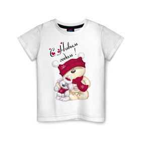 Детская футболка хлопок с принтом Новогодние мишка с зайкой в Петрозаводске, 100% хлопок | круглый вырез горловины, полуприлегающий силуэт, длина до линии бедер | игрушка | медведь | мишка | новый год | пес | собака | шапка