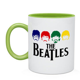 Кружка двухцветная с принтом The Beatles 3 в Петрозаводске, керамика | объем — 330 мл, диаметр — 80 мм. Цветная ручка и кайма сверху, в некоторых цветах — вся внутренняя часть | beatles | harrison | lennon | mccartmey | starr | битлз