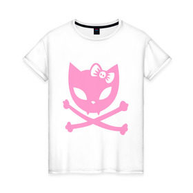 Женская футболка хлопок с принтом Плохая киска в Петрозаводске, 100% хлопок | прямой крой, круглый вырез горловины, длина до линии бедер, слегка спущенное плечо | бант | киса | кости | кошка | череп