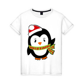 Женская футболка хлопок с принтом Зимний пингвинчик в Петрозаводске, 100% хлопок | прямой крой, круглый вырез горловины, длина до линии бедер, слегка спущенное плечо | пингвин