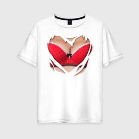 Женская футболка хлопок Oversize с принтом Красный бюст в Петрозаводске, 100% хлопок | свободный крой, круглый ворот, спущенный рукав, длина до линии бедер
 | 2015 | бюст | бюстгальтер | костюм | красный бюст | лифон | лифчик | новый год | праздник