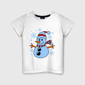 Детская футболка хлопок с принтом Снеговичок в Петрозаводске, 100% хлопок | круглый вырез горловины, полуприлегающий силуэт, длина до линии бедер | зима | новый год | снег | снеговик