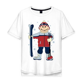 Мужская футболка хлопок Oversize с принтом Лыжник в Петрозаводске, 100% хлопок | свободный крой, круглый ворот, “спинка” длиннее передней части | Тематика изображения на принте: лыжи | лыжник | палки | снег | снежинки | спорт