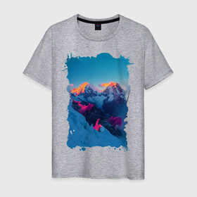 Мужская футболка хлопок с принтом Снежные горы в Петрозаводске, 100% хлопок | прямой крой, круглый вырез горловины, длина до линии бедер, слегка спущенное плечо. | пейзаж | рассвет