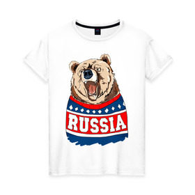 Женская футболка хлопок с принтом Медведь made in Russia в Петрозаводске, 100% хлопок | прямой крой, круглый вырез горловины, длина до линии бедер, слегка спущенное плечо | made in russia | mountain | russia | кофта | медведь | мишка | патриот | россия | свитер