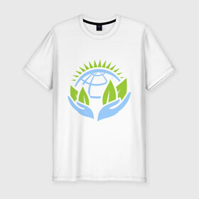 Мужская футболка премиум с принтом Планету нужно беречь в Петрозаводске, 92% хлопок, 8% лайкра | приталенный силуэт, круглый вырез ворота, длина до линии бедра, короткий рукав | green peace | гринпис | забота | охрана | планета | природа