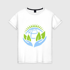 Женская футболка хлопок с принтом Планету нужно беречь в Петрозаводске, 100% хлопок | прямой крой, круглый вырез горловины, длина до линии бедер, слегка спущенное плечо | green peace | гринпис | забота | охрана | планета | природа