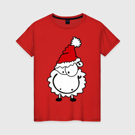 Женская футболка хлопок с принтом Счастливая овечка в Петрозаводске, 100% хлопок | прямой крой, круглый вырез горловины, длина до линии бедер, слегка спущенное плечо | 2015 | new year | новый год | овечка | овца | счастье