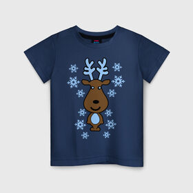 Детская футболка хлопок с принтом Милый олень и снежинки в Петрозаводске, 100% хлопок | круглый вырез горловины, полуприлегающий силуэт, длина до линии бедер | new year | новый год | олень | снег | снежинки
